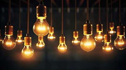 Vintage tungsten filament multiple lamps. Decorative incandescent bulbs in Edison style on dark background. Lamp. Hanging decorative. Suspended under the ceiling light bulbs,. Idea concept. Teamwork