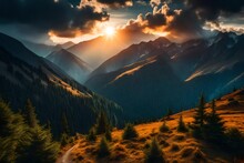 Majestic Sunset In The Mountains Landscape. Overcast Sky Before Storm   4k, 8k, 16k, Full Ultra Hd, High Resolution And Cinematic Photography