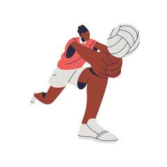 Poster - Volleyball player hitting, bumping ball with fists, serving with hands. Black person playing sports game. Athlete, sportsman in action, motion. Flat vector illustration isolated on white background