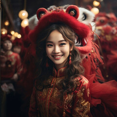 Wall Mural - Chinese girl in a red Chinese costume in front of a Chinese lion in the Chinese new year