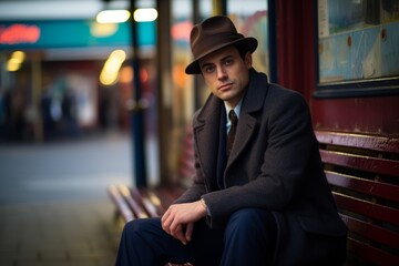 Poster - Portrait of a handsome man wearing a coat and hat sitting on a bench in the city