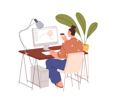 Creative freelance worker at workplace, home computer desk. Digital designer freelancer works at home, sitting at desktop, table. Flat graphic vector illustration isolated on white background