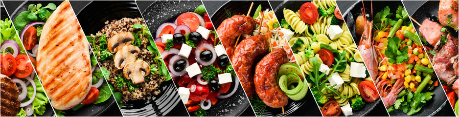 Wall Mural - Photo collage. Set of various main dishes. Different healthy main courses, meat and fish dishes, pasta, salads, sauces, bread and vegetables. Photo banner for a food site.