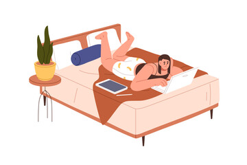 Poster - Woman with laptop computer, lying in bed. Girl in bedroom during remote freelance work. Female freelancer relaxing with notebook at home. Flat vector illustration isolated on white background