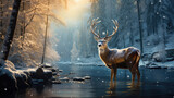 Fototapeta  - Illustration of a deer in the water on a winter day