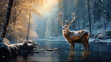 Illustration Of A Deer In The Water On A Winter Day