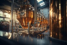 Brewing Equipment For Quality Control, Sight Glass Full Of Golden Beer On Stainless Steel Pipe.