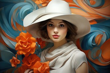 Wall Mural - Close-up of a beautiful woman in a stylish big hat. Style, fashion and beauty concept