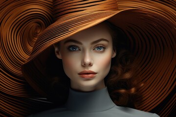 Wall Mural - Beautiful woman in a stylish, golden-colored, large, beautiful hat with wide brims, close-up. Style, fashion and beauty concept