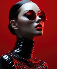 Wall Mural - Beautiful female mannequin with red lips on a red background, cyberpunk style, futuristic realism