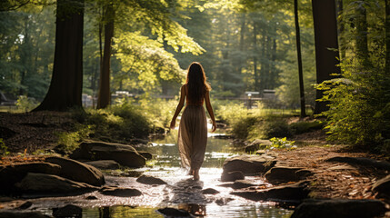 Wall Mural - A woman in a light white dress walks through a small river in the forest