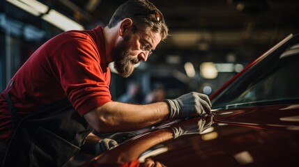 Wall Mural - Master mechanic polishes red car with polisher, detailing series