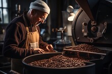 Process Roasting Coffee Beans, Worker Use Tablet For Checks Quality On Professional Mixing Roaster Machine