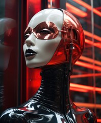 Wall Mural - Beautiful female mannequin with red lips on a red background, cyberpunk style, futuristic realism