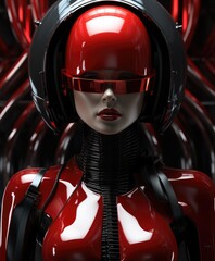 Wall Mural - Beautiful female mannequin with red lips on a red background, cyberpunk style, futuristic realism