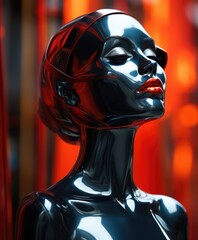 Wall Mural - Beautiful female mannequin with red lips on a red background, cyberpunk style, futuristic realism