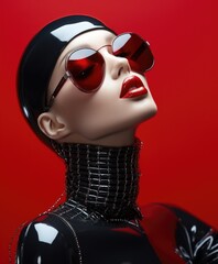 Wall Mural - Beautiful female mannequin with red lips on a red background, cyberpunk style, futuristic realism