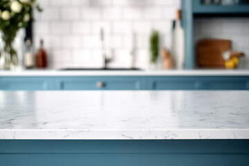 Poster - Closeup of white marble countertop in modern kitchen blue with blurred background. High quality photo
