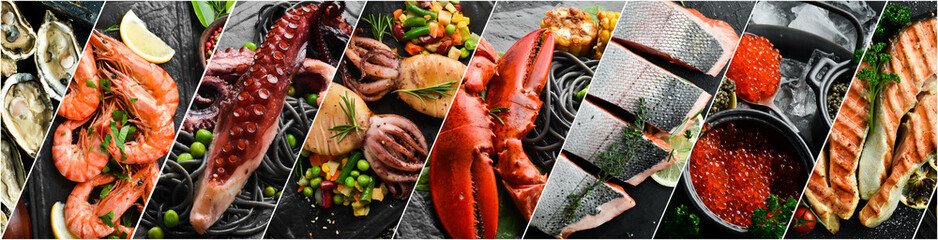 Wall Mural - Collage. Fish and seafood. Seafood dishes. On a black stone background.