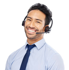 Poster - Call center, crm and Asian man portrait with telemarketing conversation and work discussion. Person, networking and happy with sale communication and talking isolated on transparent, png background