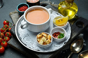 Wall Mural - Lentil soup. Vegan menu. Close-up, dark background.