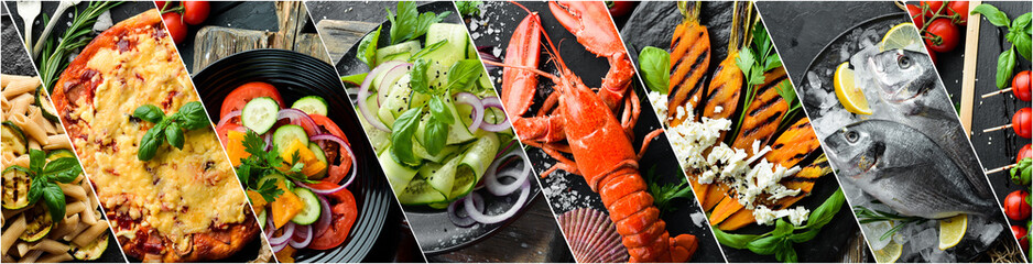 Sticker - Photo collage. Different healthy main courses, meat and fish dishes, pasta, salads, sauces, bread and vegetables on a dark background. Top view.