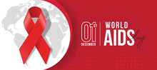 World Aids Day - Text And Red Ribbon Sign On Circle Globe Texture And Red Dot Texture Background Vector Design