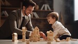 Fototapeta  - businessman in suit and little son playing with wooden blocks on floor at home, work and life balance concept