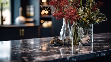 Aesthetic appeal of a dark marble kitchen island, set against a softly out-of-focus bokeh kitchen, a harmonious blend of style and comfort, modern interior , incense sticks in a temple