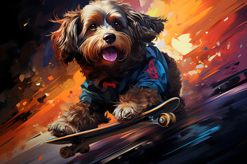 Wall Mural - skateboarding dog, rainbow colors, colorful background