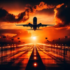 Wall Mural - Plane taking off over sunset aeronautic concept flight