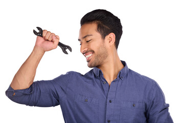 Aufkleber - Smile, happy man with wrench and power isolated on transparent png background in repair solution, maintenance or problem solving. Strong worker, person or plumber service with mechanic tools in hand.
