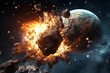 Galaxy planet collision burst explosion. Cosmos celestial Armageddon destruction space. Generate ai