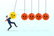 Man holding smile face pendulum ball to hit other sad faces, optimistic, happiness or positive thinking inspire other people happy, emotional, balance between happiness and sadness (Vector)