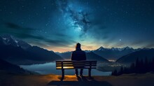Back View Of Man Sitting On A Bench Looking At The Stars In Amazing Night Sky, Generative AI