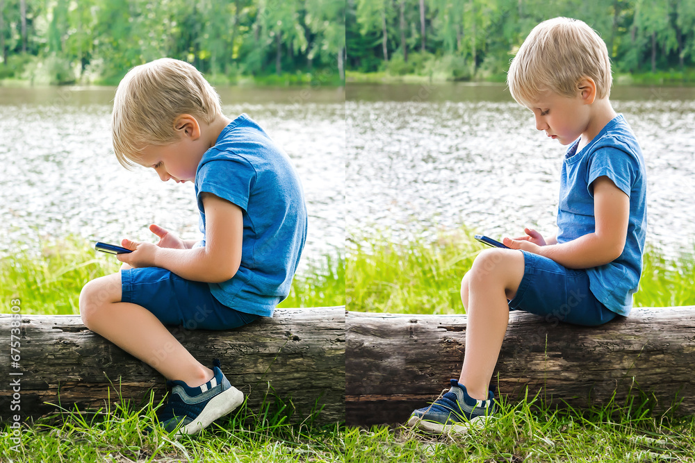 Child boy sits slouching hunched back bent,neck and straight,looks ...