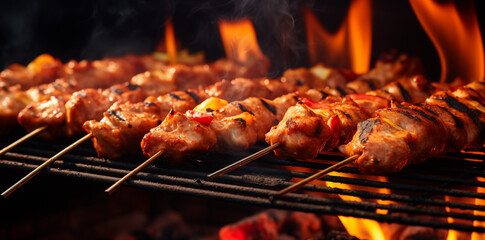 Wall Mural - shish kebab skewers of diced chicken on the grill