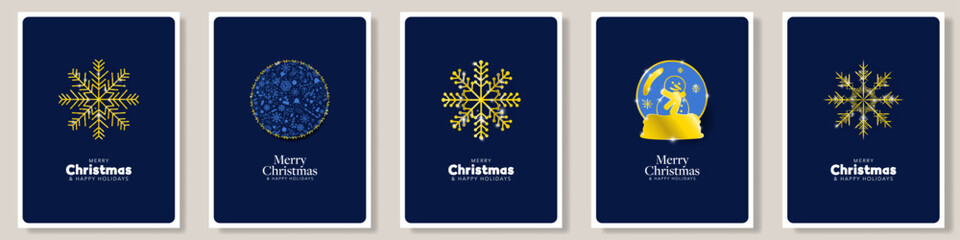 Wall Mural - Merry Christmas and Happy Holidays Greeting Card Posters with Big Gold Christmas Illustrations in Gold. Blue Christmas Posters with golden Christmas Ornaments. Vector Illustration.