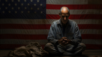 Beggar in the United States, a sad beggar sits with his head down in dirty clothes, with a United States flag in the background.