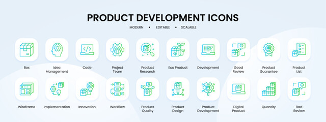 Product development icon collection with blue and green gradient outline style. product, development, business, design, web, concept, idea. Vector Illustration
