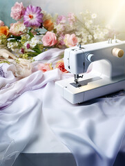 White sewing machine on white table with flower decoration