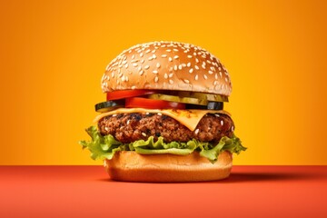 Wall Mural - vegan burger closeup on orange background. Fast food hamburger concept.