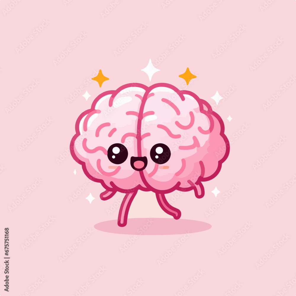Happy cute brain with lightbulb character. Vector hand drawing flat ...