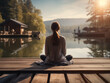 frau beim yoga pilatis sport meditieren entspannen an einem see steg terasse meerblick urlaub