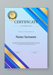 Wall Mural - Blue and gold vector professional and modern award corporate certificate design template