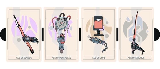 Wall Mural - The Minor Arcana, aces of wands, pentacles, cups and swords. Cyberpunk style. Hand-draw vector illustration.