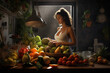 © Digitalphoto 4U - kitchen where the woman is surrounded by fresh fruits, vegetables