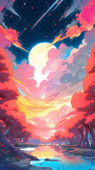 Canvas Print - Hand drawn anime beautiful fantasy landscape illustration background
