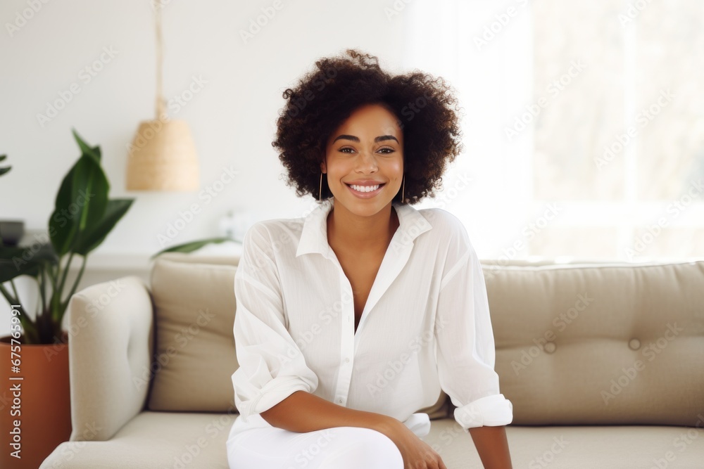 Smiling woman sitting on sofa at home. Single girl in modern living ...
