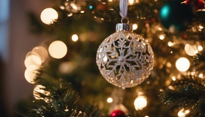 Wall Mural - A macro shot capturing the intricate details of sparkling ornaments and delicate tinsel on a Christmas tree